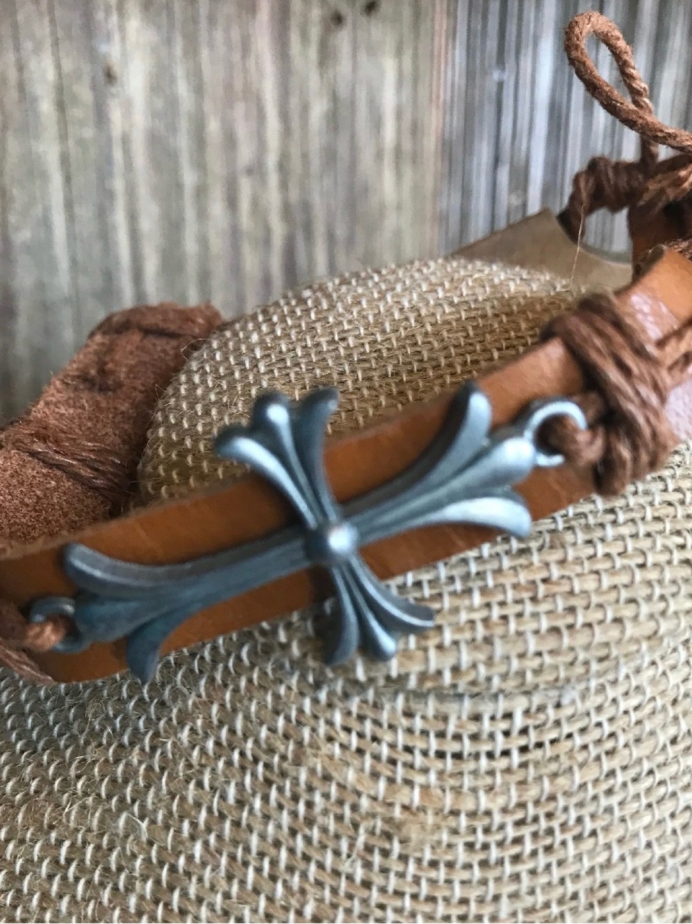 Tan Leather Bracelet with Metal Cross Accent